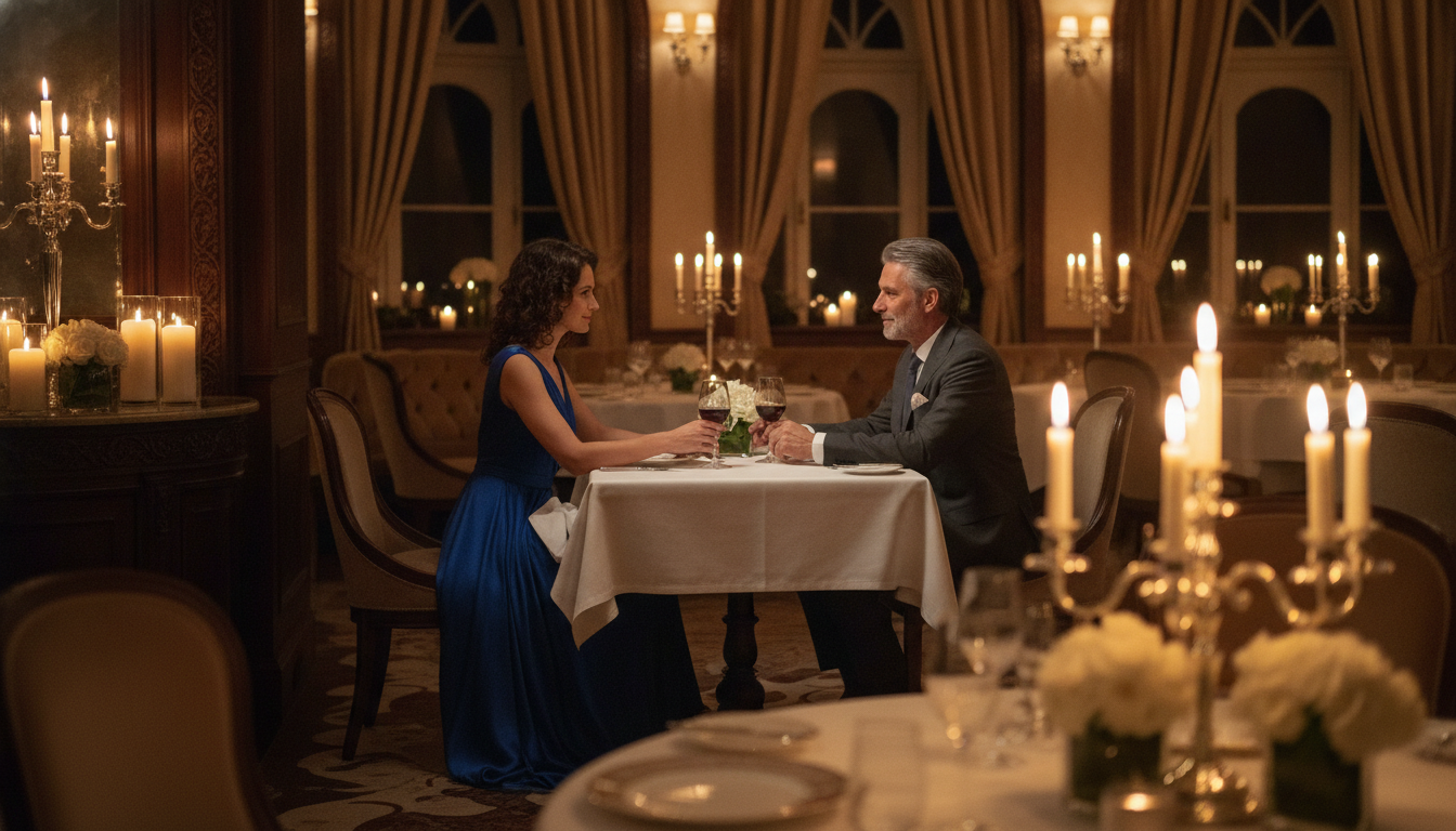 Gut gekleidetes Paar beim stilvollen Dinner in einem Fine-Dining-Restaurant