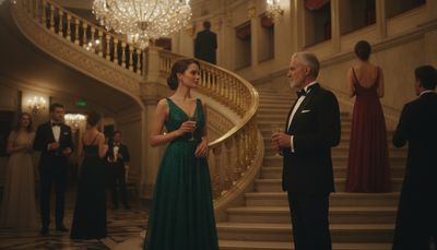 Elegant gekleidete Frau im Opernfoyer blickt zu einem stilvollen älteren Herrn